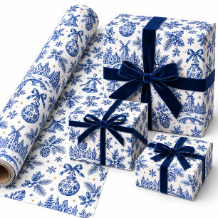 White & Delft Blue Dutch Christmas Porcelain Wrapping Paper