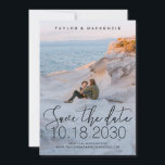 White Delicate Thin Script Photo Save The Date<br><div class="desc">Simple,  Minimal,  and Elegant Photo Save the Date Card with a delicate thin calligraphy script font overlay printing in black ink with large wedding date numbers. Upload your favourite engagement couple photo and customise the template by selecting any colours and fonts you want for your wedding announcements.</div>