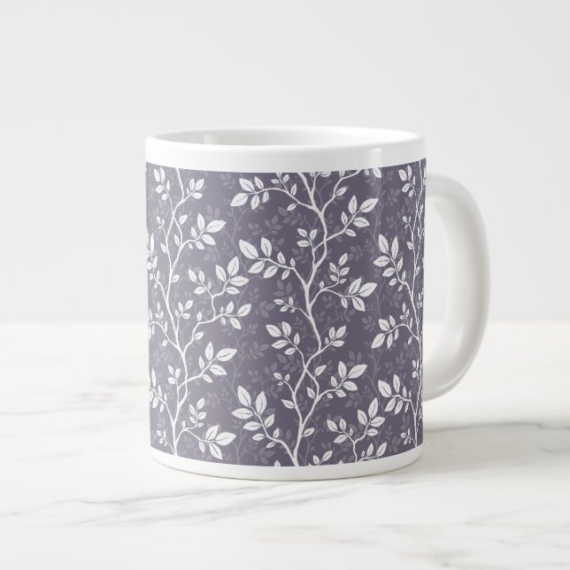 White Delicate Woven Branches Leaves over Lavender Large Coffee Mug (Front Right)