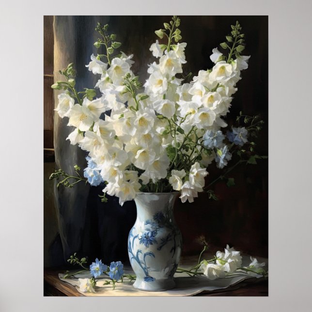 White Delphinium Flowers Art Print Poster (Front)