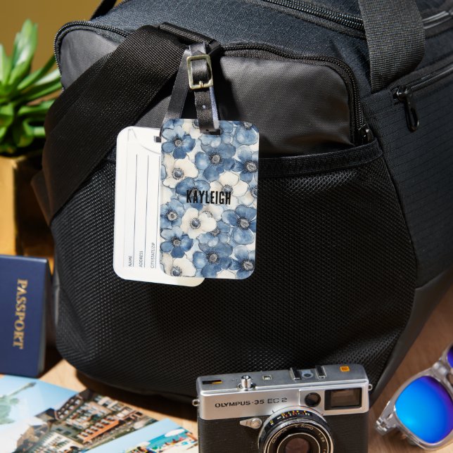 White Denim Blue Flowers Luggage Tag (Front & Back)