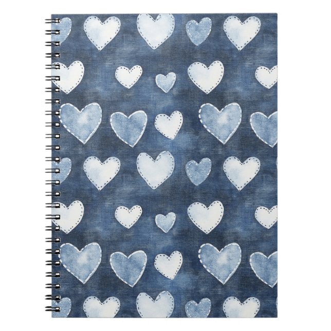 White Denim Blue Hearts Notebook (Front)