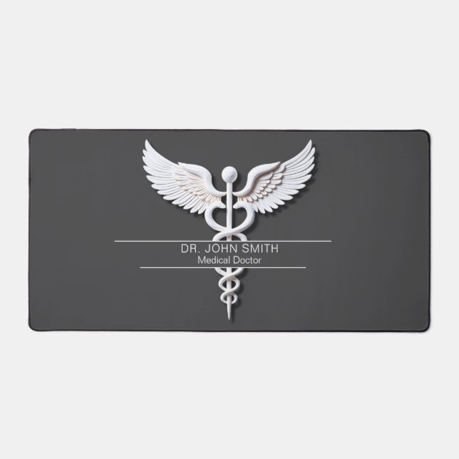 White Detailed Clean Caduceus Anthracite Medical Desk Mat (Front)