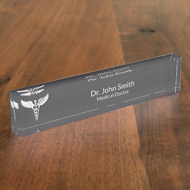 White Detailed Clean Caduceus Warm Grey Medical Nameplate (Side)