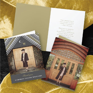 White Diagonal Stripes Photo Modern Graduation Thank You Card