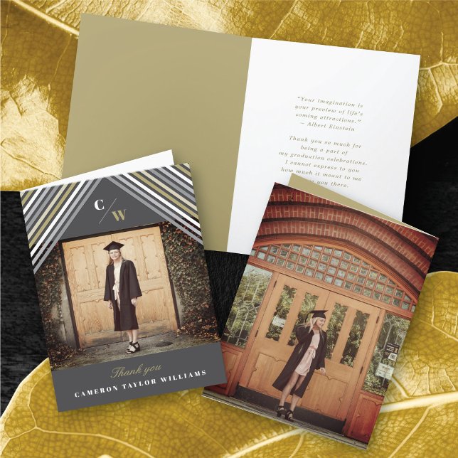 White Diagonal Stripes Photo Modern Graduation Thank You Card (White Gold Grey Diagonal Stripes Photo Modern Graduation Thank You Card @ zazzle.com/color_therapy)