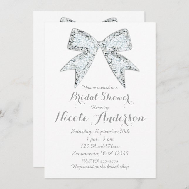 White Diamond Bling Bow Glam Bridal Shower Invitation (Front/Back)