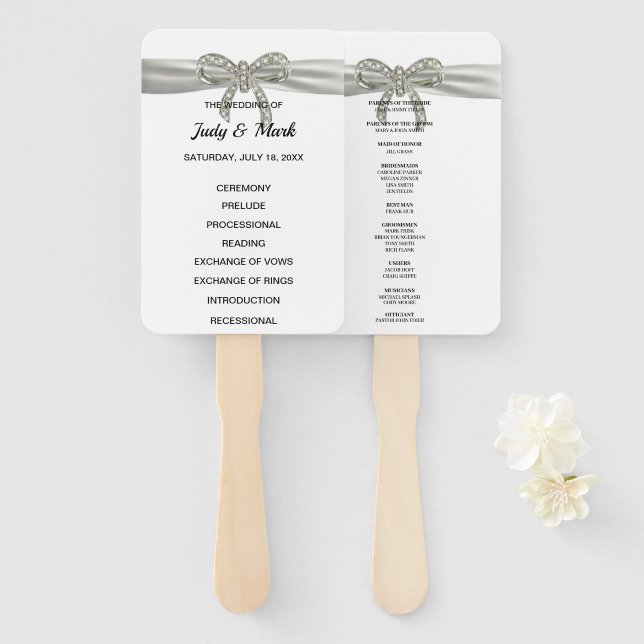 White Diamond Bow Wedding Program Hand Fan (Front and Back)