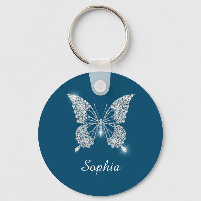 White Diamond Butterfly, DIY Name, Ocean Blue Key Ring (Front)