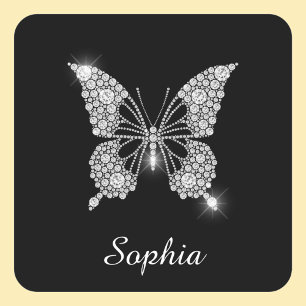 White Diamond Butterfly, DIY Script Name, Black Square Sticker