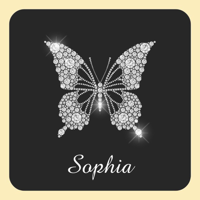 White Diamond Butterfly, DIY Script Name, Black Square Sticker (Creator Uploaded)