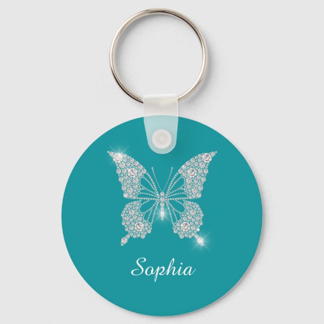 White Diamond Butterfly DIY Script Name, Deep Teal Key Ring (Front)