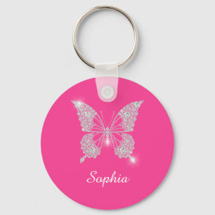 White Diamond Butterfly, DIY Script Name, Fuchsia Key Ring