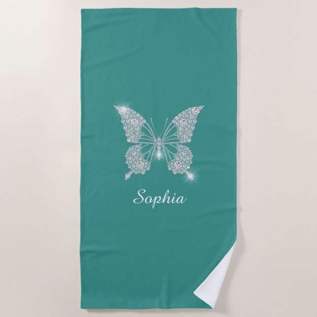 White Diamond Butterfly, DIY Script Name, Teal Beach Towel (Front)