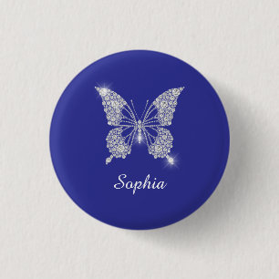 White Diamond Butterfly, Script Name, Deep Blue 3 Cm Round Badge