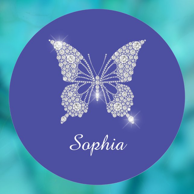 White Diamond Butterfly, Script Name, Deep Blue Classic Round Sticker (Creator Uploaded)