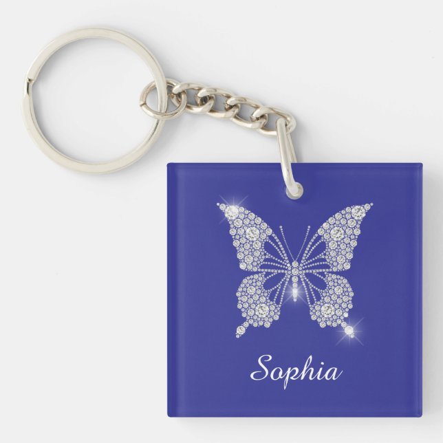 White Diamond Butterfly, Script Name, Deep Blue Key Ring (Front)