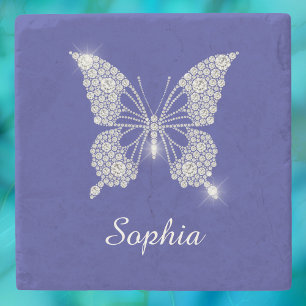 White Diamond Butterfly, Script Name, Deep Blue Stone Coaster