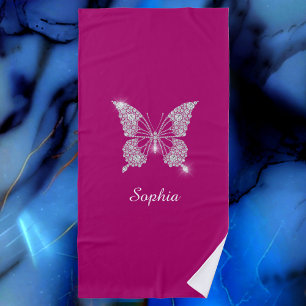 White Diamond Butterfly, Script Name, Deep Fuchsia Beach Towel