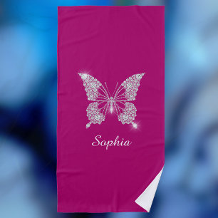 White Diamond Butterfly, Script Name, Deep Fuchsia Beach Towel