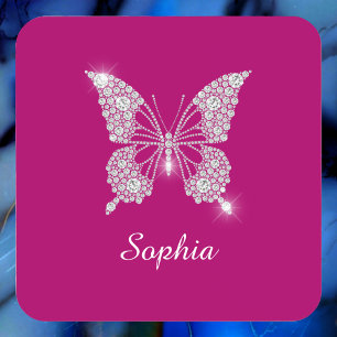 White Diamond Butterfly, Script Name, Deep Fuchsia Coaster