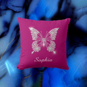 White Diamond Butterfly, Script Name, Deep Fuchsia Cushion