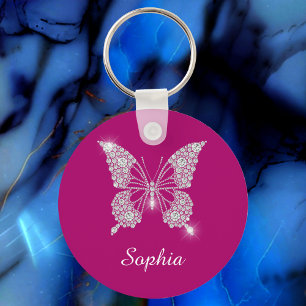 White Diamond Butterfly, Script Name, Deep Fuchsia Key Ring