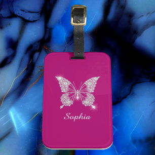 White Diamond Butterfly, Script Name, Deep Fuchsia Luggage Tag