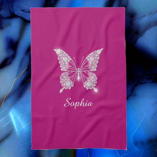 White Diamond Butterfly, Script Name, Deep Fuchsia Tea Towel (Creator Uploaded)