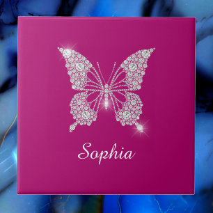 White Diamond Butterfly, Script Name, Deep Fuchsia Tile