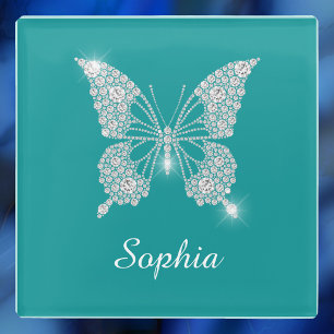White Diamond Butterfly, Script Name, Deep Teal Glass Coaster