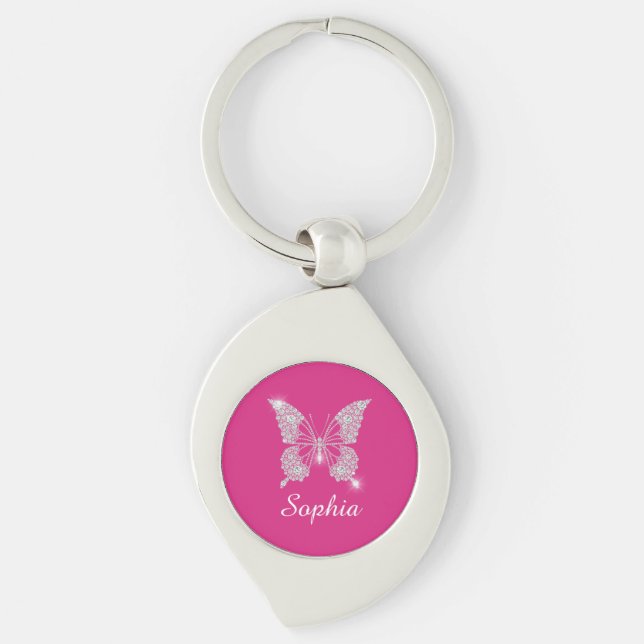 White Diamond Butterfly, Script Name, Fuchsia Key Ring (Front)