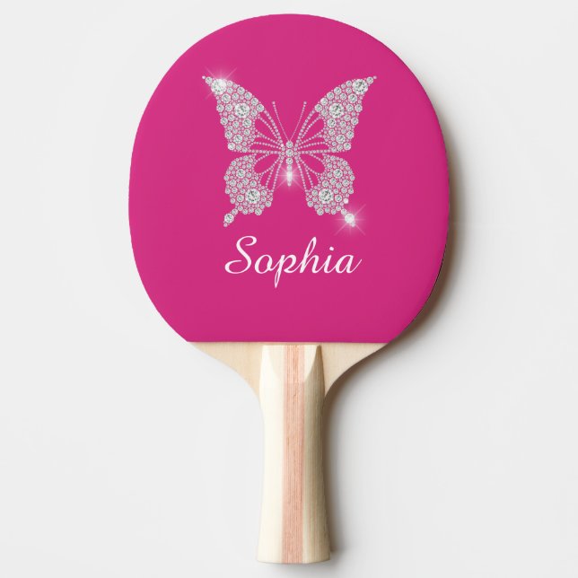 White Diamond Butterfly, Script Name, Fuchsia Ping Pong Paddle (Front)