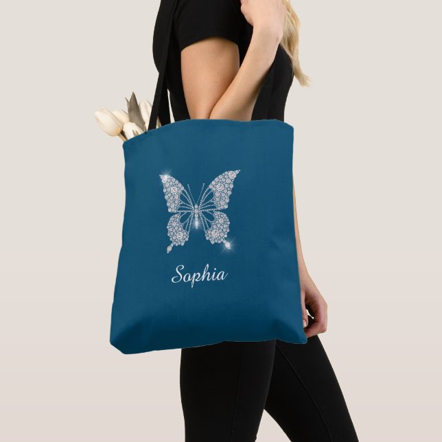 White Diamond Butterfly, Script Name, Ocean Blue Tote Bag (Close Up)