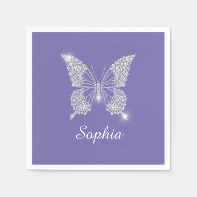 White Diamond Butterfly, Script Name, Periwinkle Napkin (Front)