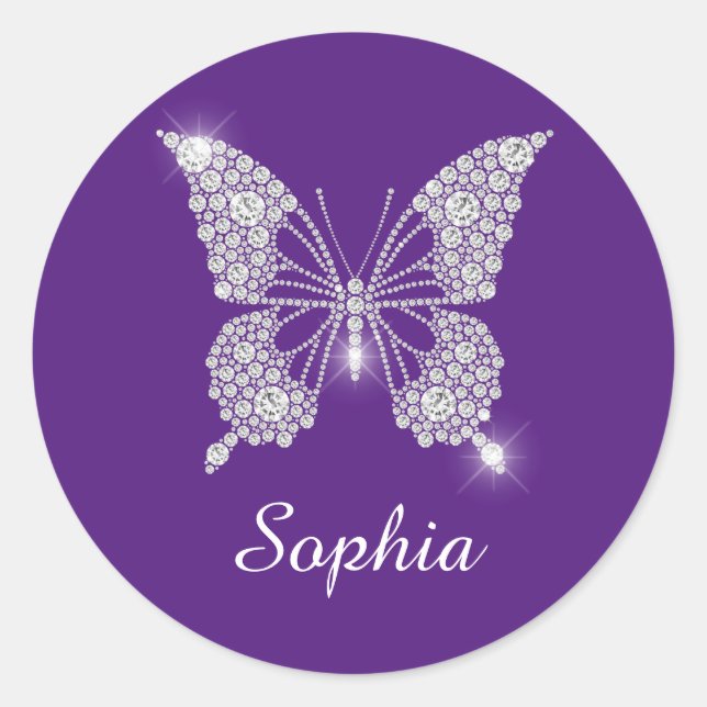 White Diamond Butterfly, Script Name, Royal Purple Classic Round Sticker (Front)
