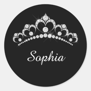 White Diamond Crown, DIY Script Name, Black Classic Round Sticker