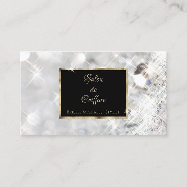 White Diamond Glitter Black and Gold Hair Salon Business Card (Front)