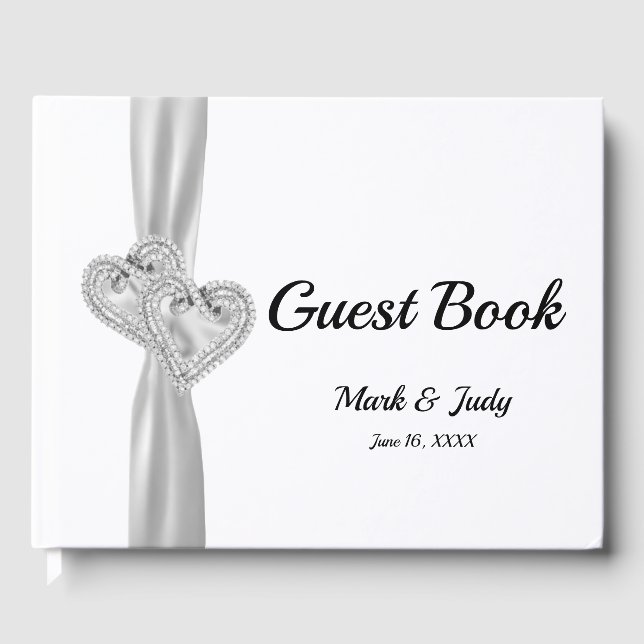 White Diamond Hearts Wedding Guestbook (Front)