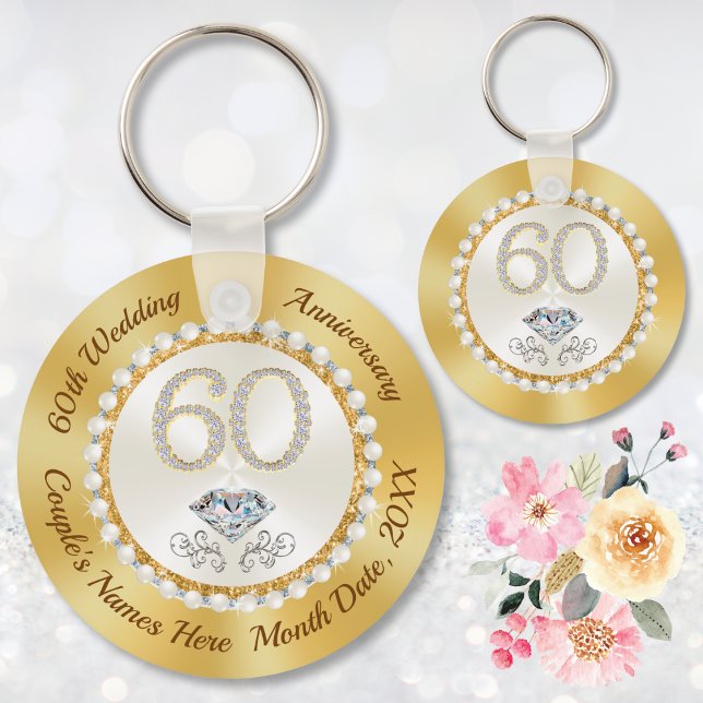White Diamond Personalised 60th Anniversary Favour Key Ring (Custom, 60th anniversary party favor ideas. 60th wedding anniversary decorations party supplies.)