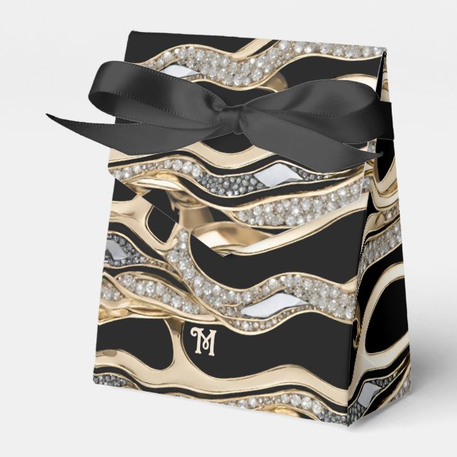 White diamonds and gold zebra stripes on black favour box (Front Side)