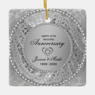 White Diamonds And Silver Damask 25th Anniversary Ceramic Ornament