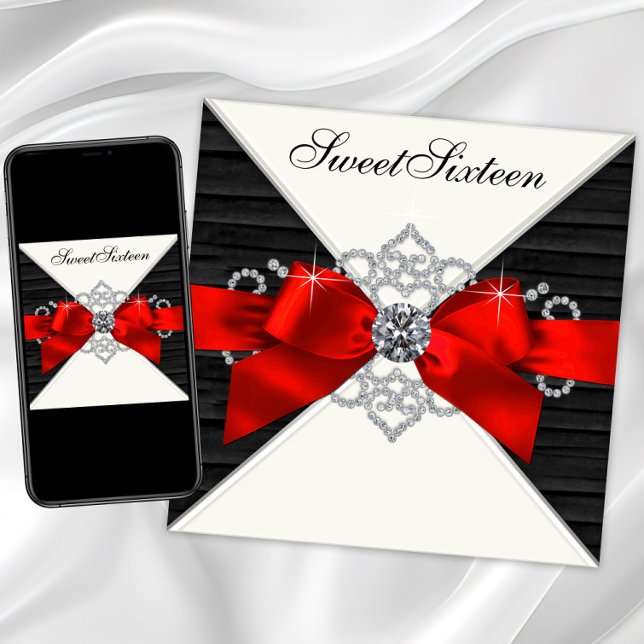 White Diamonds Black Red Sweet 16 Birthday Party Invitation (Red and black Sweet 16 invitation with red bow and diamonds. Red and black any occasion invitation.)