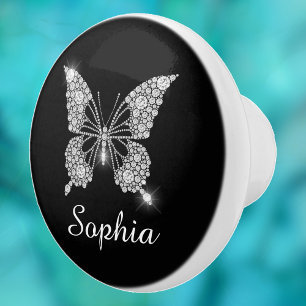 White Diamonds Butterfly, DIY Script Name, Black Ceramic Knob
