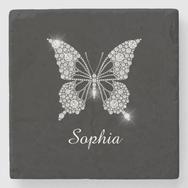 White Diamonds Butterfly, DIY Script Name, Black Stone Coaster (Front)