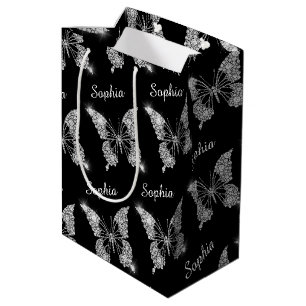 White Diamonds Butterfly Sparkle Name, Black Medium Gift Bag