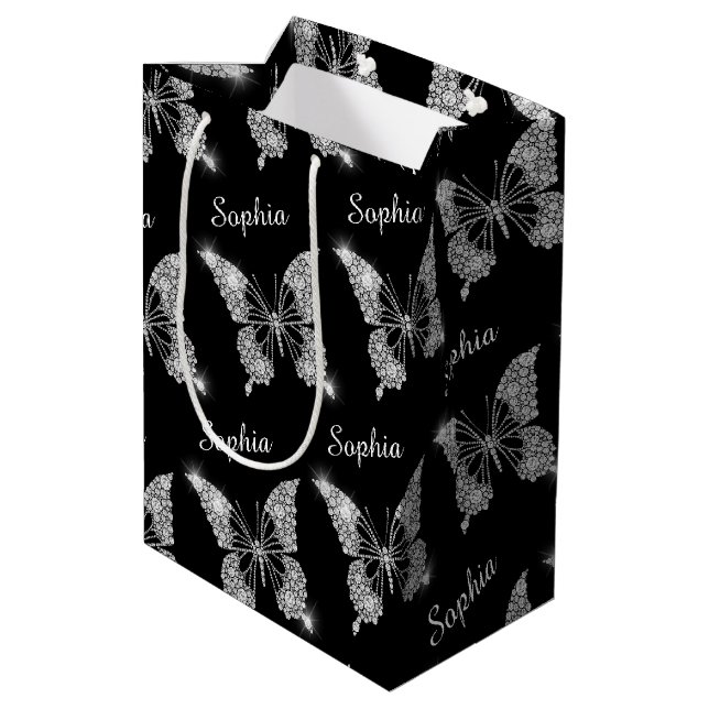 White Diamonds Butterfly Sparkle Name, Black Medium Gift Bag (Back Angled)