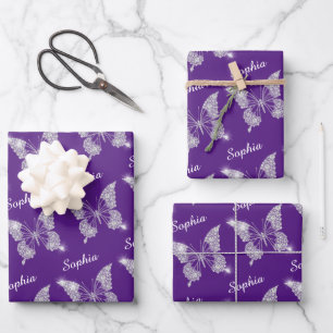 White Diamonds Butterfly Sparkle Name Royal Purple Wrapping Paper Sheet