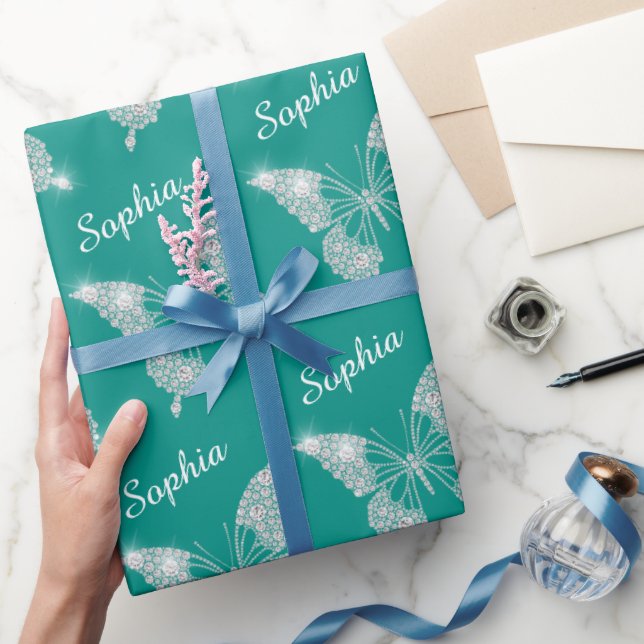 White Diamonds Butterfly Sparkle Script Name, Teal Wrapping Paper (Gifting)
