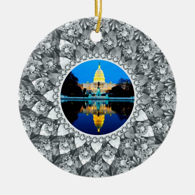 White Diamonds Circle Photo Frame Ceramic Tree Decoration (Front)